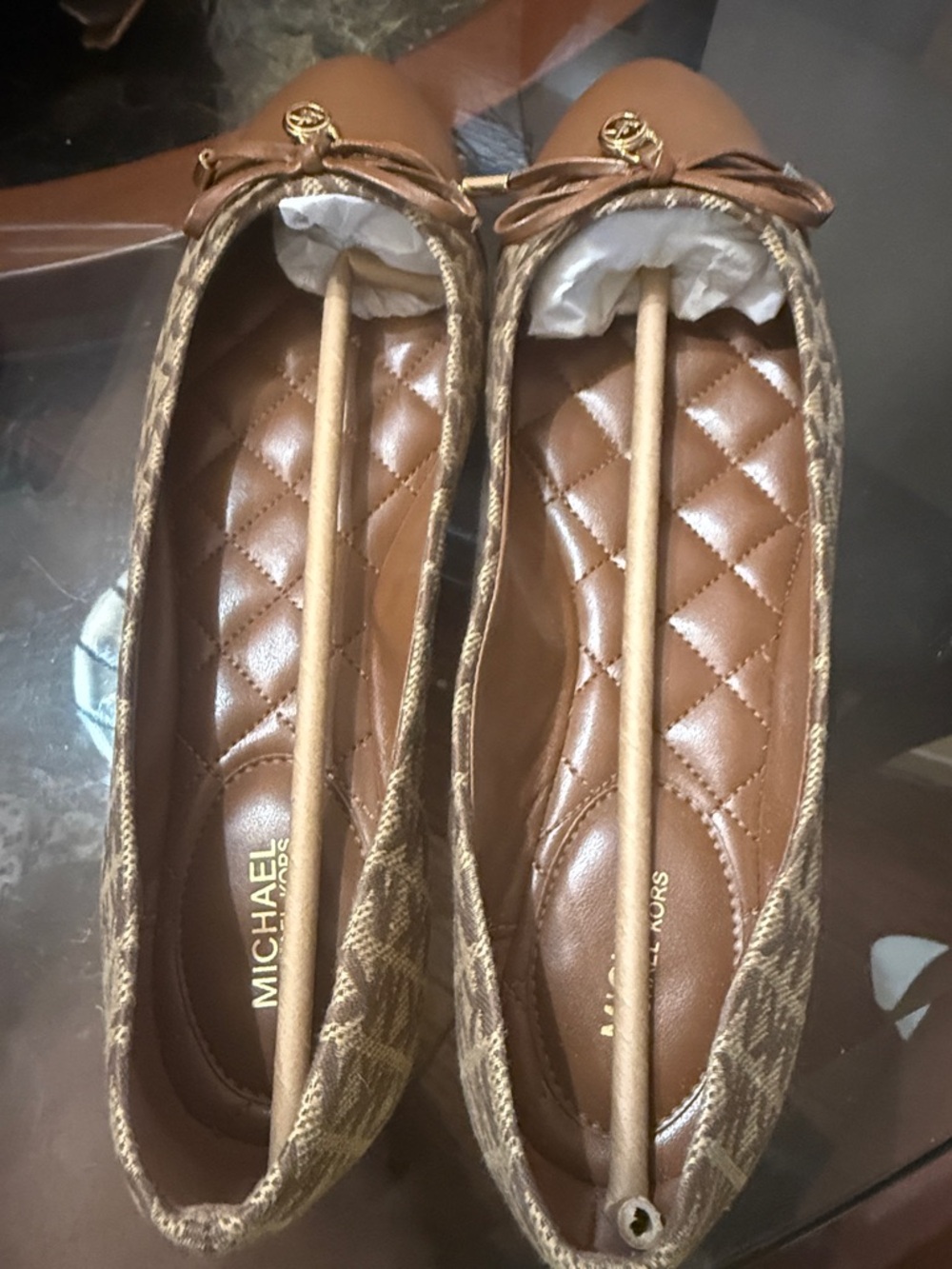 Michael Kors Brown Logo Quilted Ballet Flats with Bow and MK Charm